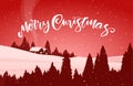 Winter snowy landscape with cartoon house and handwritten lettering of Merry Christmas Royalty Free Stock Photo