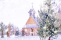 Winter snowy landscape with a mountain church Royalty Free Stock Photo