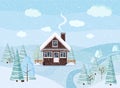 Winter snowy landscape scene with brick house, winter trees, spruces, clouds, river, snow, fields Royalty Free Stock Photo