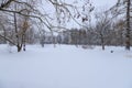 Winter snowy landscape. Snow-covered glade on a cold winter day. Snow on tree branches. Church with a Golden dome in the distance Royalty Free Stock Photo