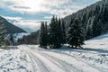 Winter snowy landscape view of a countryroad leading through spruce mountain forest in Slovakian Low Tatry mountains