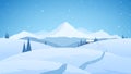 Winter Snowy Mountains Flat Landscape With Path To Cartoon House. Christmas Background