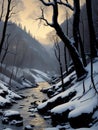 Winter Snowy River Scenery 3D Illustrated