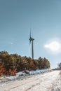 Winter snowy scenery, wind turbines on Evros region Greece, wildfires and green energy