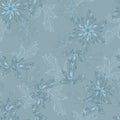 Winter snowy seamless background, texture of blue snowflakes. Frost, blizzard. Vector illustration for your design