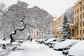 Winter snowy street in city