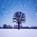 winter snowy tree in field. AI generated Royalty Free Stock Photo