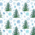 Winter snowy trees seamless pattern. Pine tree and snowflakes on white background. Christmas print Royalty Free Stock Photo