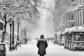 Winter Solitude in the Crowd: A lonely woman stands amidst a bustling winter street, overshadowed by passing people