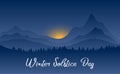 Winter solstice day in December the 21. Greeting card design template. The dark sky with sunset or sunrise. The longest night in