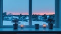 Winter Solstice Windowscape Candles and Miniature Trees in Cool Twilight Royalty Free Stock Photo