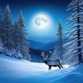 Winter Soltice Greeting Card with a giant buck in the foreground surrounded by a wreath made of branches and the moon and