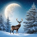 Winter Soltice Greeting Card with a giant buck in the foreground surrounded by a wreath made of branches and the moon and