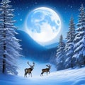 Winter Soltice Greeting Card with a giant buck in the foreground surrounded by a wreath made of branches and the moon and