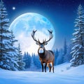 Winter Soltice Greeting Card with a giant buck in the foreground surrounded by a wreath made of branches and the moon and