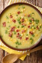 Winter soup corn chowder with bacon and green onions close-up in a plate. Vertical top view