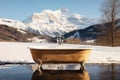 Winter spa tub in tranquil forest surrounded by snow-covered mountains, perfect relaxation retreat Royalty Free Stock Photo