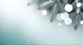 Gentle teal Christmas background with frosted fir branches and subtle glowing light bokeh. Royalty Free Stock Photo