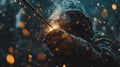 Winter sparks metalworker hand welding outdoors Royalty Free Stock Photo