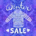 Winter Special banner, label with knitted woolen pullover or sweater on watercolor background. Business seasonal