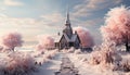 Winter spirituality celebrated in a snowy chapel under a pink sky generated by AI