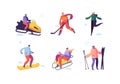 Winter Sport Activities with Characters. People Outdoor Skier, Snowboarder, Ice Skater, Hockey