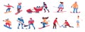 Winter sport. Cartoon people cold season activities. Isolated men and women skiing and snowboarding bobsled and figure