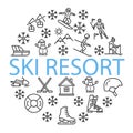 Winter sport circle banner with flat line icons. Vector illustration ski resort symbols on white background included