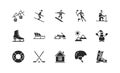 Winter sport flat glyph icons set. Vector illustration ski resort symbols, included skier, slalom, snowboarder, cableway