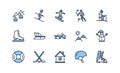 Winter sport flat line icons set blue color. Vector illustration ski resort symbols, included skier, slalom, snowboarder Royalty Free Stock Photo