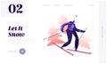 Winter Sport and Healthy Lifestyle Website Landing Page. Happy Biathlete woman Riding Skis with Rifle on Back Royalty Free Stock Photo