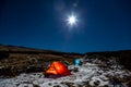 Winter Sport Hiking Bivouac in Mountain Landscape at Night with Bright Full Moon Royalty Free Stock Photo