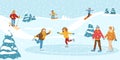 Winter sport ice skating, people together spend time physical activity, frozen pond and snow skiing hill flat vector