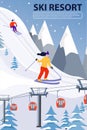 Ski resort banner illustration with ski lift and skiers. Sportsmans slide down the slopes.