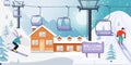 Ski resort banner illustration with ski lift and wooden house.