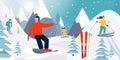Ski resort banner illustration. Skiers and snowboarders sportsman slide down the slopes.