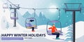 Winter vacations activity concept. Happy people rise to the ski lift elevator.