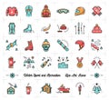 Winter sport outline icons, recreation and fun, ski, snowboarding, skating