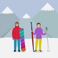 Winter sport people. Man with a snowboard and woman with skis on a mountains background.