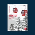 Winter sport poster design with pine trees, snow, cabin watercolor illustration