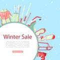 Winter sport sale with ski and snowboard equipment for sale vector illustration.