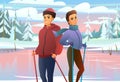 Winter sport skiing. Guy and girl in the snow. Ice and winter frost. Scenery Landscape. Fun cartoon style. Vector