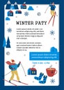 Winter Sport Skiing Poster. Mountain landscape with a cafe and rest. Winter-party banner. Modern Sports template page