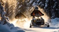 Winter sport. Snowmobile racing through snowy road with fir trees in forest. Generative AI