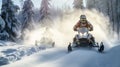 Winter sport. Snowmobile racing through snowy road with fir trees in forest. Generative AI