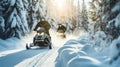 Winter sport. Snowmobile racing through snowy road with fir trees in forest. Generative AI