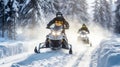 Winter sport. Snowmobile racing through snowy road with fir trees in forest. Generative AI