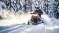 Winter sport. Snowmobile racing through snowy road with fir trees in forest. Generative AI