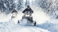 Winter sport. Snowmobile racing through snowy road with fir trees in forest. Generative AI