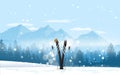 Winter sport tourism. Pair of cross skis in snow. Ski winter mountain landscape background. Vector illustration.